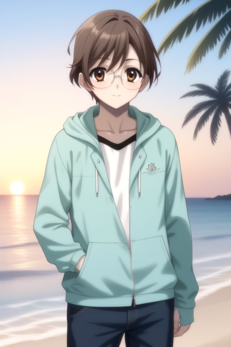 Highly detailed, High Quality, masterpiece, beautiful, BREAK 1boy, solo, male focus, 16 years old, yuuki ashikaga, brown hair, brown eyes, short hair, glasses, BREAK beach, palm trees, sea, outdoors, sunset, BREAK open clothes, pants, green Hoodie, T-shirt, Hoodie, long sleeves,BREAK Front view, Focus waist, standing<lora:EMS-438646-EMS:1.000000>