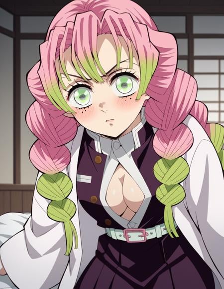 score_9, score_8_up, score_7_up, source_anime,mitsurikanroji, <lora:mitsuri-kanroji-anime-ponyxl-lora-nochekaiser:1>,mitsuri kanroji, braid, gradient hair, green eyes, green hair, long hair, mole, mole under eye, multicolored hair, pink hair, twin braids, two-tone hair,belt, black skirt, cleavage, coat, demon slayer uniform, haori, japanese clothes, long sleeves, miniskirt, partially unbuttoned, pleated skirt, skirt, uniform,indoors, bed, bed room, on side, blush, drunk,solo, dutch angle, looking at viewer, cowboy shot,