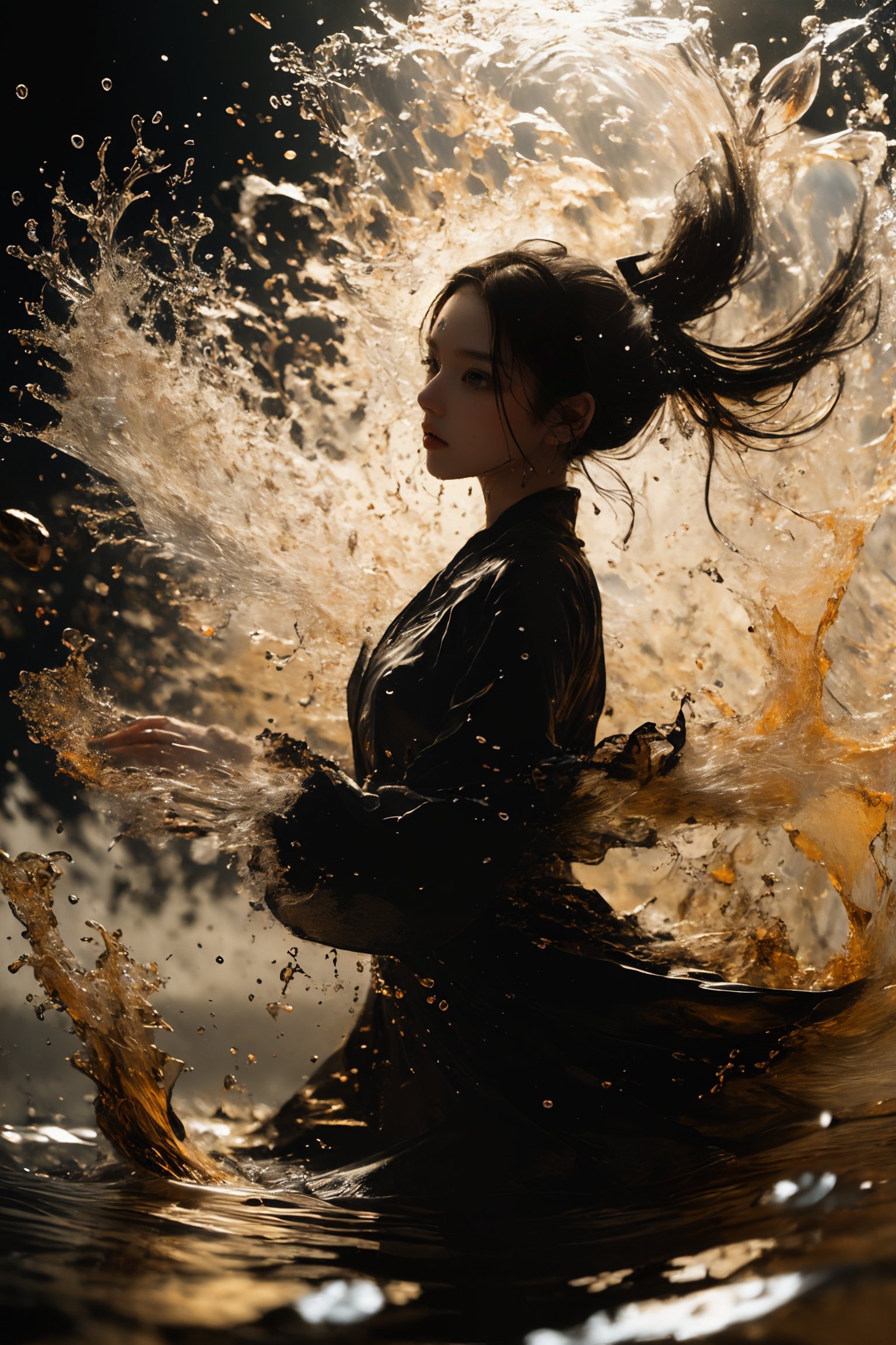 ultra high resolution, ((masterpiece))), (((best quality))), ((super detailed)),  ((extremely delicate and beautiful)),cinematic light, detailed environment，(real), motion blur, depth of field, Black background，1 girl,solo,(splashing:1.3),<lora:绪儿-武侠V3 xuer martial arts:0.8>