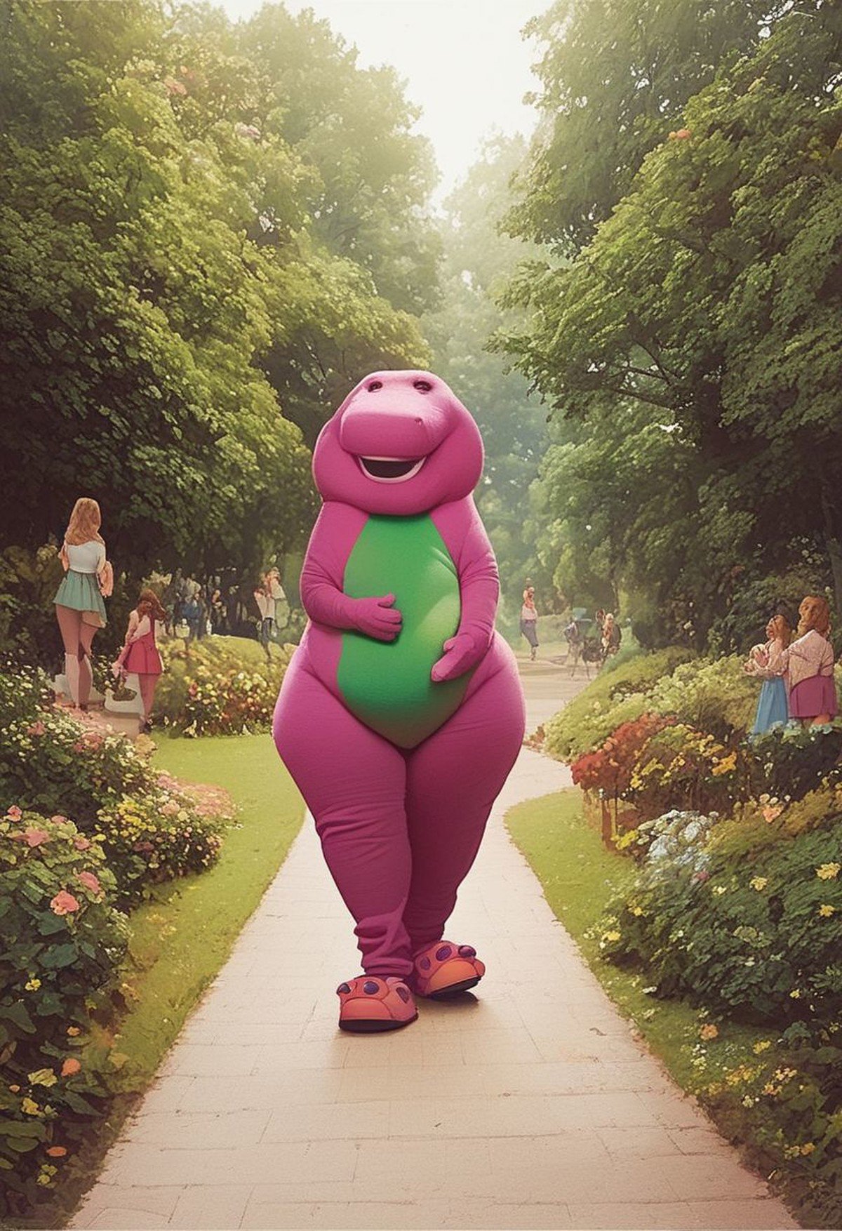 view, score_9, score_8_up, score_7_up, Barney the Dinosaur walking through a park on a sunny summers day