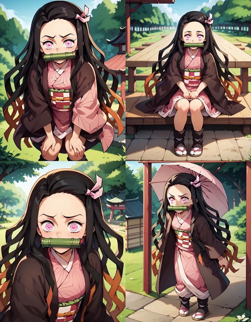 <lora:NezukoKamadopony-10:1>NezukoNor, kamado nezuko, black hair, very long hair, pink eyes, 1girl, haori,  black haori,  pink kimono, hair ribbon,  pink ribbon, checkered sash,  obi,  bamboo, bit gag, __femalePosesWildcard400_v10/female-poses__, outdoors,, score_9, score_8_up, score_7_up, score_6_up, score_5_up, score_4_up,