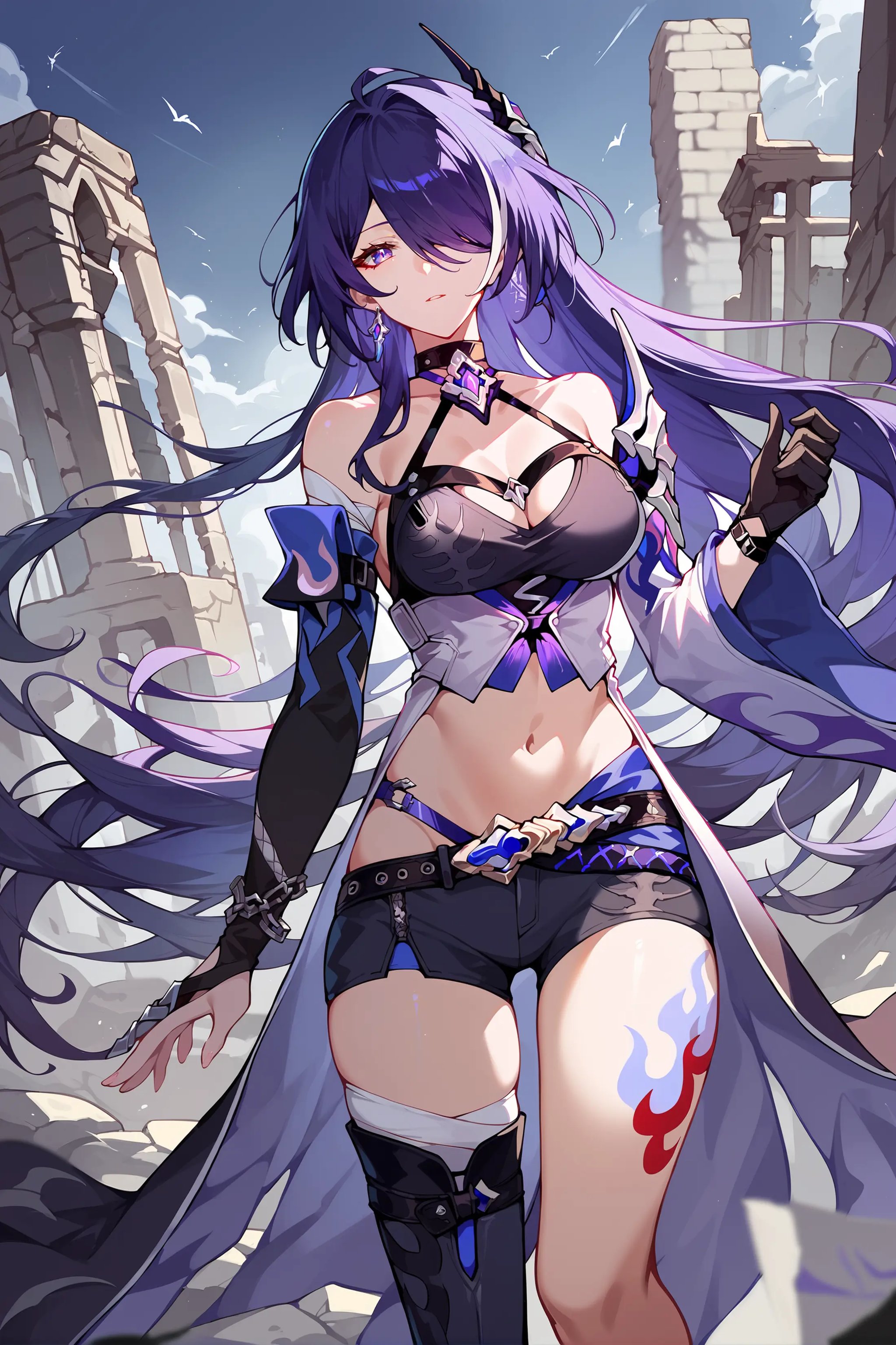 score_9, score_8_up, score_7_up, 1girl, acheron \(honkai: star rail\), solo, long hair, short shorts, leg tattoo, single thigh boot, standing, midriff, black gloves, hair ornament, choker, long coat, single sleeve, single gauntlet, uneven legwear, looking at viewer, city ruins, outdoors, depth of field, cowboy shot, looking at viewer <lora:Char-HonkaiSR-Acheron-Pony-V1:0.9>  <lora:Expressive_H:0.9>