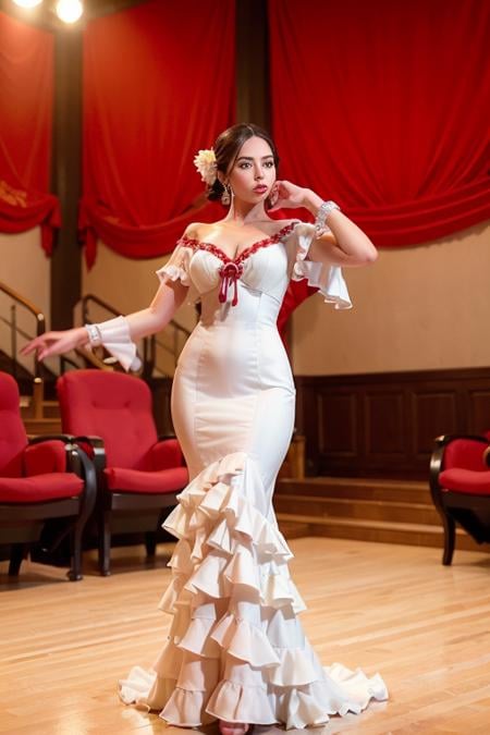 a woman is posing for a photo,(wearing flamenco_dance_dress:1.3), white dress,good hand,4k, high-res, masterpiece, best quality, head:1.3,((Hasselblad photography)), finely detailed skin, sharp focus, (cinematic lighting), collarbone, night, soft lighting, dynamic angle, [:(detailed face:1.2):0.2],(((inside theater))),     <lora:flamenco_dance_dress-10:0.5>