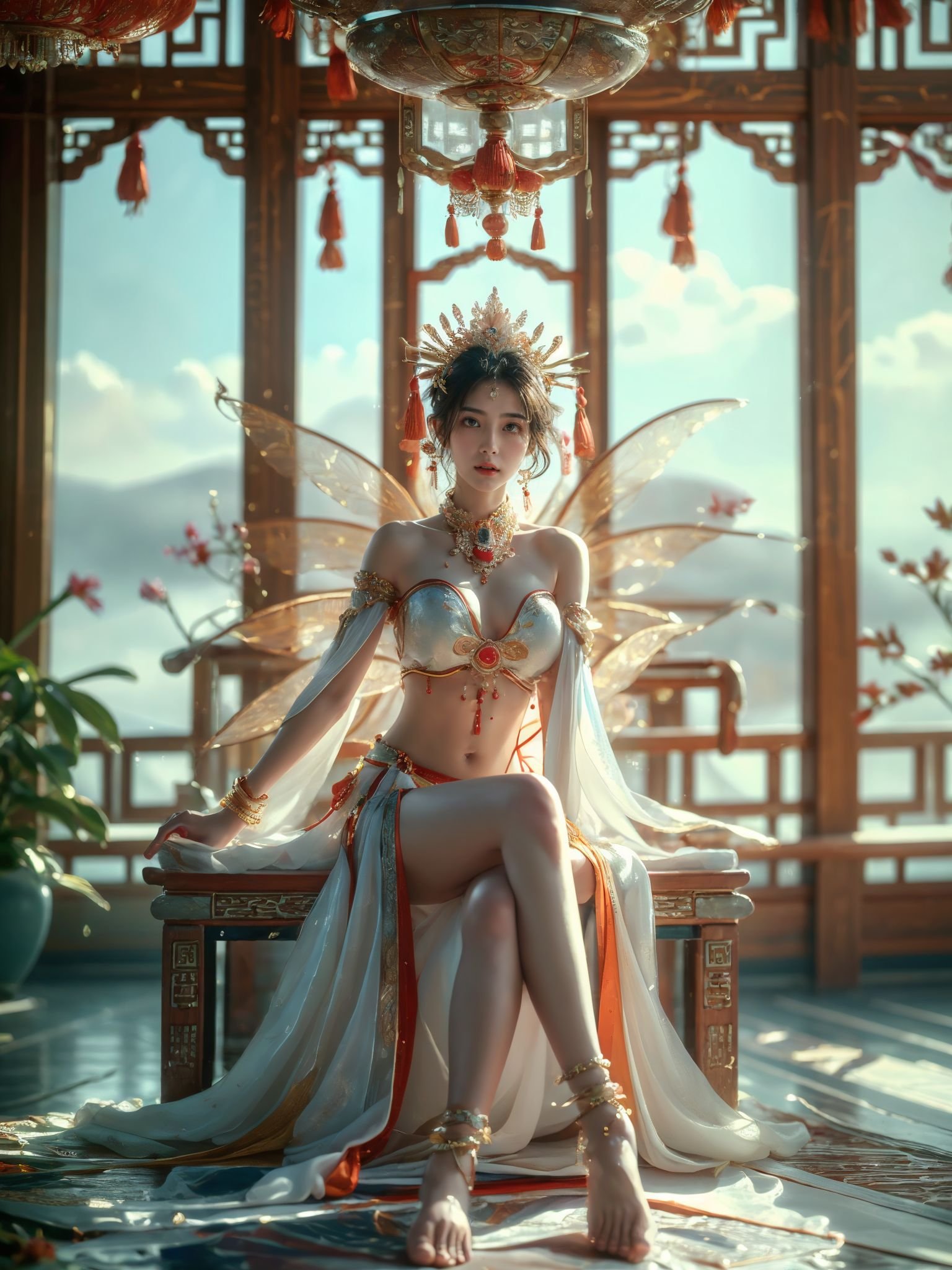 xuer Chinese goddess,1girl,(jewelry,anklet:1.3),solo,(sitting:1.2),(from side,profile:0.9),(wide shot, wide-angle lens,Panoramic:1.2),image,nostalgic paintings,Exotic Style,bull body,long sho,dancing,Martialarts and fairy - like vibe,best quality,masterpiece,Dynamic Angle,Perspective,High Point,pov,<lora:绪儿-中国女神 xuer Chinese goddess:0.75>,