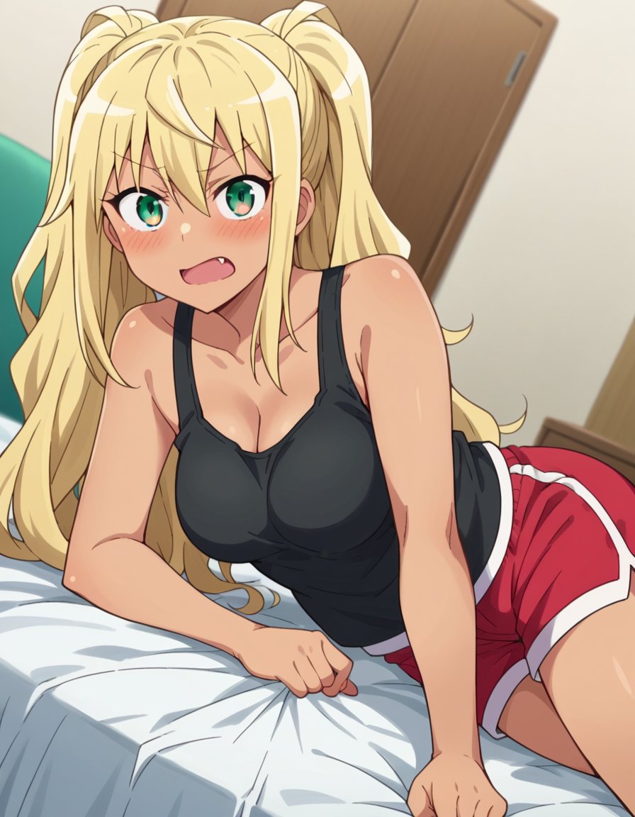 score_9, score_8_up, score_7_up, source_anime,hibikisakura, <lora:hibiki-sakura-s1-ponyxl-lora-nochekaiser:1>hibiki sakura, long hair, blonde hair, hair between eyes, twintails, green eyes, fang, dark skin, dark-skinned female, gyaru, mature female,shirt, cleavage, bare shoulders, collarbone, shorts, black shirt, short shorts, tank top, red shorts, black tank top,indoors, bed, bed room, on side, blush, drunk,looking at viewer, dutch angle, cowboy shot