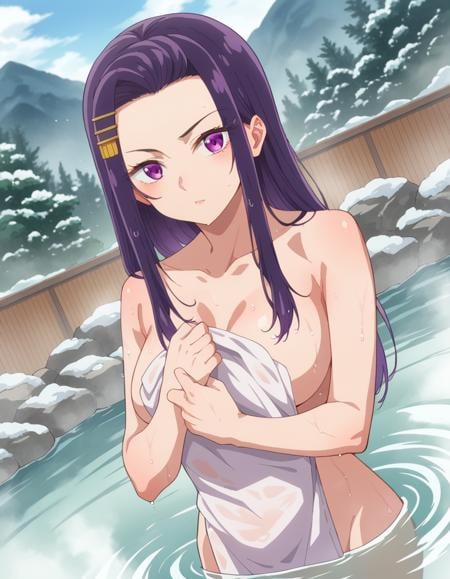 score_9, score_8_up, score_7_up, source_anime,sayuriakino, <lora:sayuri-akino-ponyxl-lora-nochekaiser:1>sayuri akino, long hair, hair ornament, hairclip, purple hair, purple eyes, forehead,nude, naked, outdoors, onsen, towel, naked towel, steam, bathing, nude cover, partially submerged, water, bath, steam censor, wet towel,looking at viewer, cowboy shot, dutch angle,