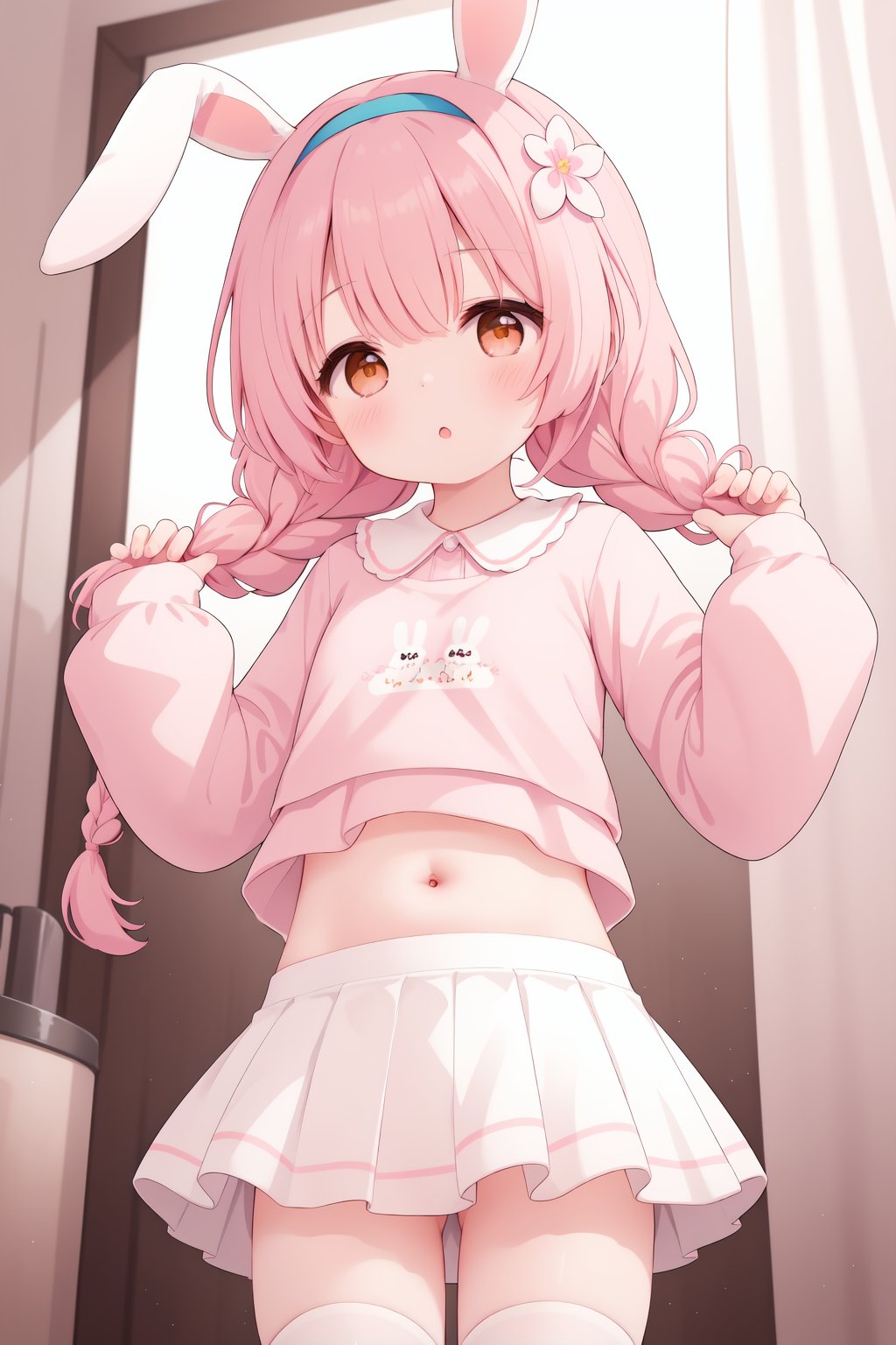 1girl,solo,parted bangs,long hair,pink hair,bangs,hair flower,twin braids,hairband,blush,white thighhighs,parted lips,rabbit hair ornament,looking at viewer,navel,brown eyes,hands up,white skirt,holding hair,layered sleeves,pink shirt,short over long sleeves,puffy long sleeves,indoors,midriff,sleeves past wrists,:o,standing,heart,curtains,holding,clothes writing,