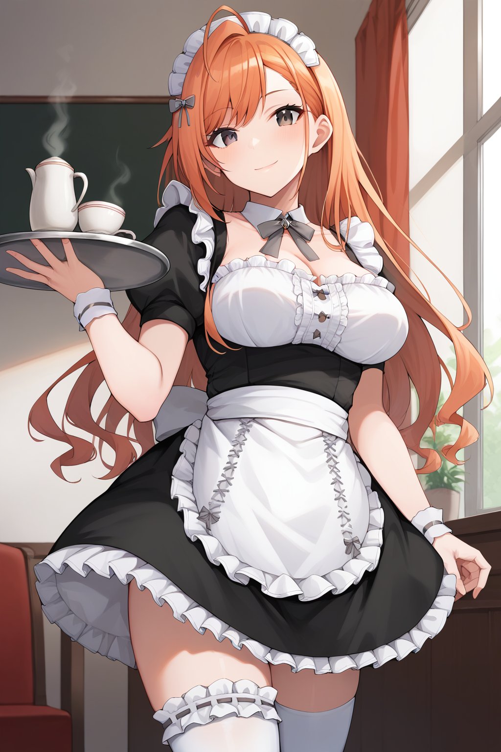 score_9, score_8_up, score_7_up, source_anime, orange hair, long hair, ahoge, swept bangs, black eyes, large breasts, cleavage, maid, enmaided, black dress, frills, frilled dress, maid headdress, waist apron, frilled apron, white apron, detached collar, neck ribbon, grey ribbon, puffy sleeves, puffy short sleeves, short sleeves, wrist cuffs, white thighhighs, bridal garter, tray, cup, coffee, looking at viewer, smile, closed mouth, indoors, cowboy shot, <lora:arisugawa_natsuha_XL:0.9>, natsuhaarisugawa