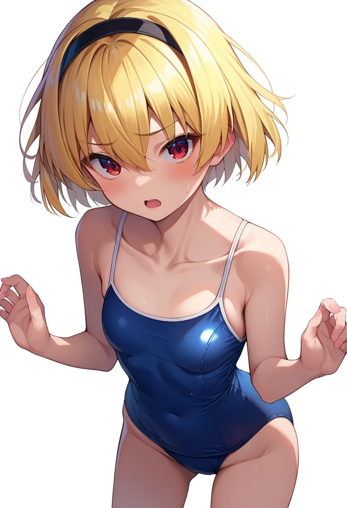 score_9, score_8_up, score_7_up, source_anime, <lora:Satoko Houjou Pony 5-000003:1>, houjou_satoko, 1girl, swimsuit, solo, one-piece swimsuit, school swimsuit, hairband, blonde hair, open mouth, red eyes, short hair, black hairband, cowboy shot, breasts, blush, hair between eyes, bangs, collarbone, looking at viewer, blue one-piece swimsuit, small breasts, simple background, shiny, standing, white background, bare shoulders