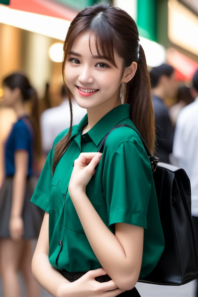 ruru,<lora:greenjk2:0.55>,fashion shot of a high school girl smiling sweetly from side in front of a shopping mal in Taipei street looking at viewer,(intricate details),masterpiece,best quality, realistic, RAW photo, 1 girl,portrait, dark green shirt,black skirt,ponytail,(detail skin:1.2),(smiling sweetly:0.1),natural lighting,film grain,32k ,8k uhd, Fujifilm XT3,