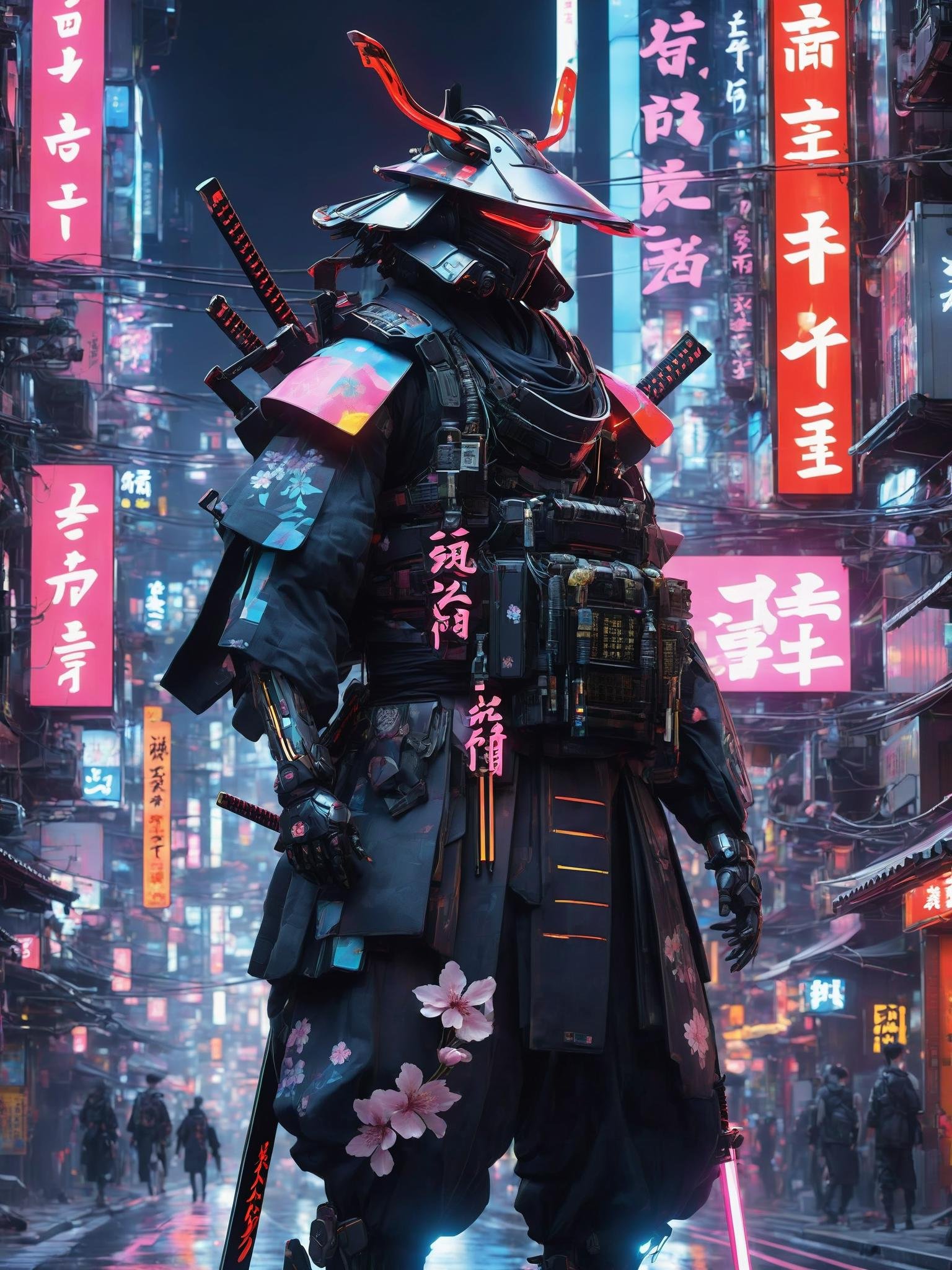 In a futuristic cyberpunk world blending traditional Japanese aesthetics with advanced technology, a lone cyborg samurai roams the neon-lit streets. Clad in sleek armor adorned with intricate kanji symbols, their cybernetic enhancements seamlessly integrated with the ancient art of swordsmanship. The cityscape, a fusion of soaring skyscrapers and traditional pagoda-style structures, pulsates with vibrant holographic billboards displaying kanji characters and futuristic neon signs. Amongst the chaos of the bustling metropolis, cherry blossom petals dance in the air, a poignant reminder of the harmony between nature and the cybernetic urban sprawl. The samurai's katana, equipped with holographic enhancements, reflects the neon glow, ready to defend honor and tradition in this techno-oriental landscape , <lora:ByteBlade:1>