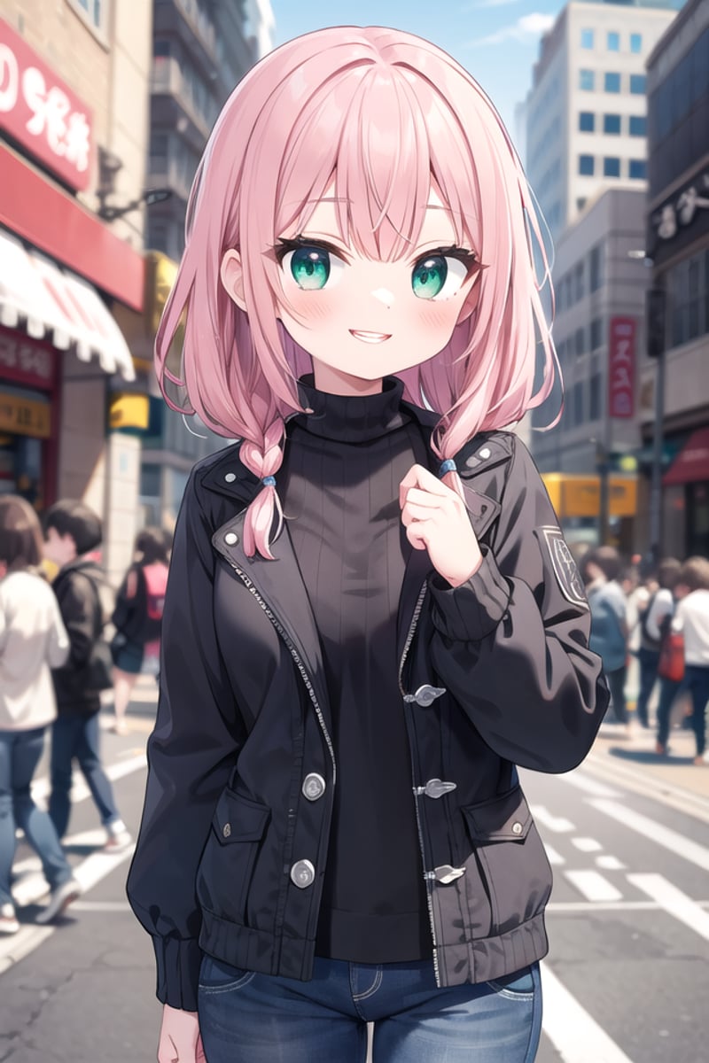 <lora:talkmouth_I_type2_v100:1>insanely detailed, absurdres, ultra-highres, ultra-detailed, best quality,1girl, solo, nice hands, perfect handsBREAKpea coat, turtleneck, straight pantsBREAK(nsfw:-1.5)BREAKsmile, open mouthBREAK,standing, cowboy shot, looking at viewerBREAKslender, kawaii, perfect symmetrical face, ultra cute girl, ultra cute face, ultra detailed eyes, ultra detailed hair, ultra cute, ultra beautifulBREAKin street, cityscape in harajuku, depth of field, ultra detailed backgroundBREAKmedium breastsBREAKpink hair, dark green eyes, cornrows, 