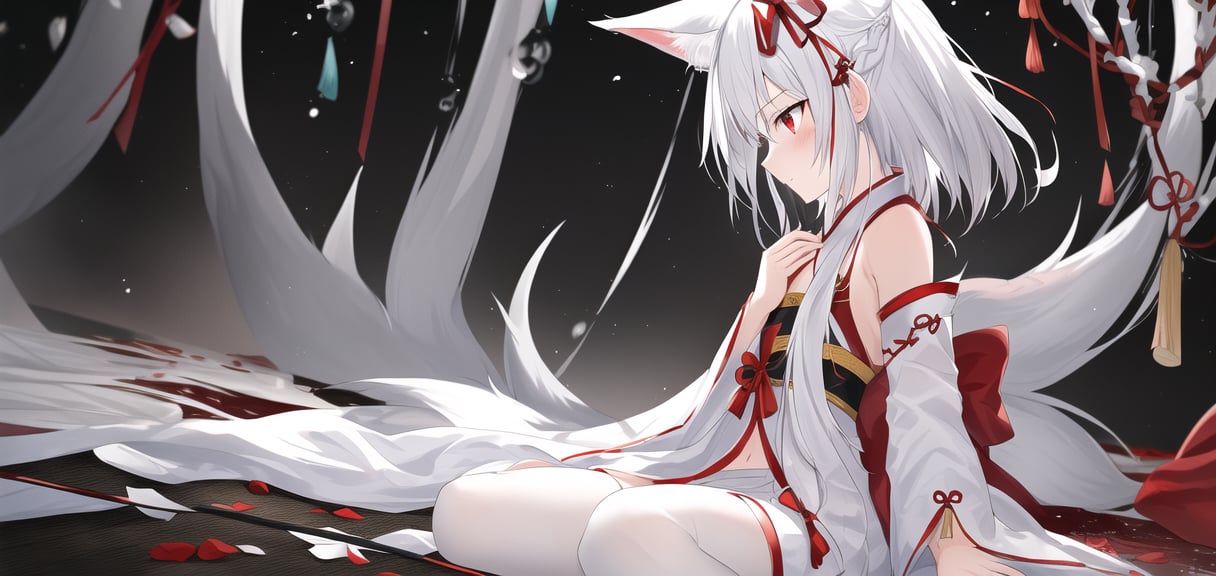 (black and white:1.2), partially colored,(best quality), ((masterpiece)), extremely detailed 8K wallpaper, (an extremely delicate and beautiful), wide shot,motion picture,grayscale,(profile:1.1), equinox flowera in hand,1girl,solo,red eyes,light eyes,white hair,(flay chest:1.2),(hanfu:1.4),detached sleeves,navel,(nine white tails:1.45),white fox ears,([red bow hair ornament:red ribbon:0.5]:1.2),(Wariza:1.3),White silk stockings