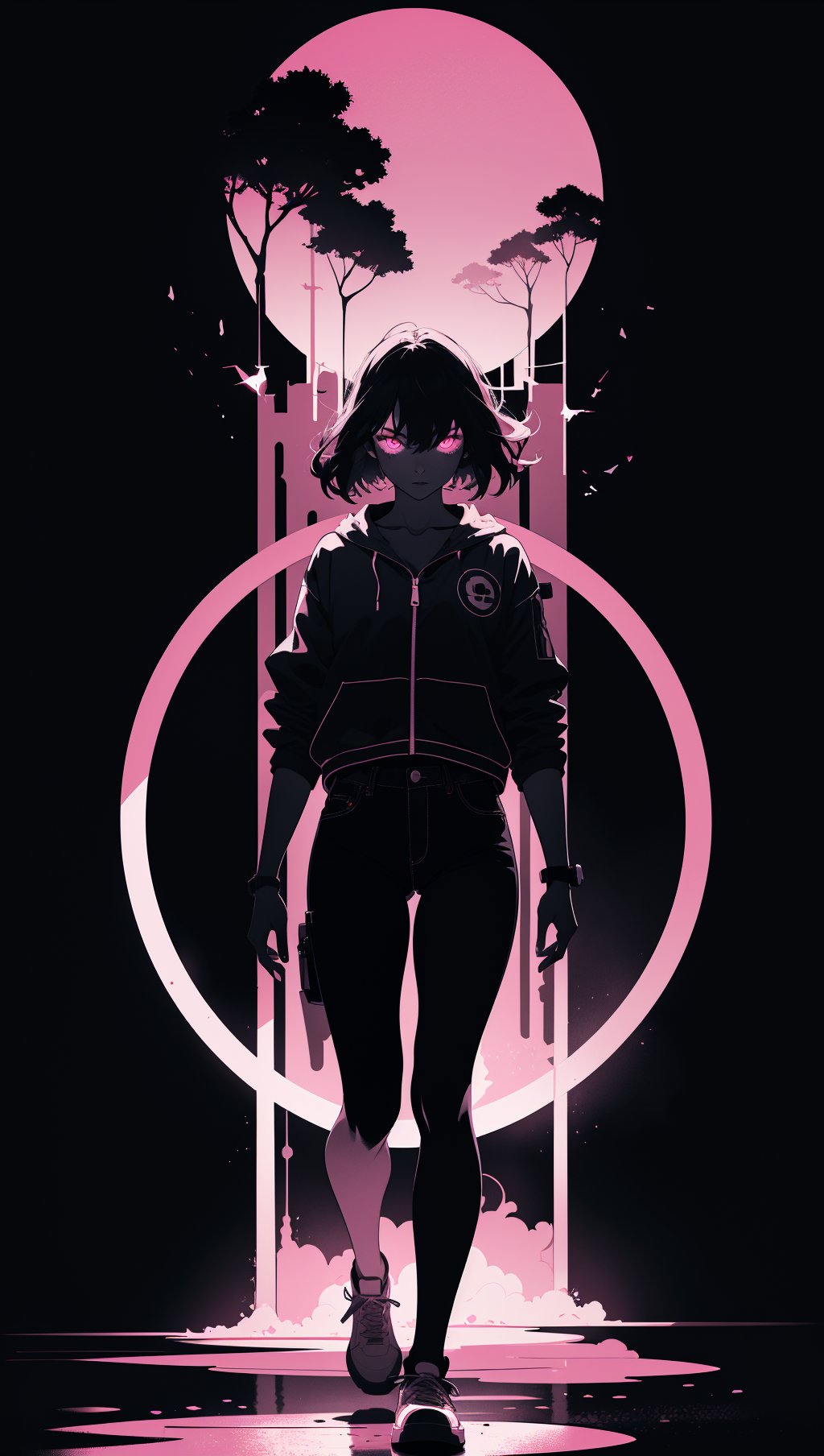 (silhouette:1.25),1girl,dark background,blacklight,mid shot,full body,somber expression,looking down,dark energy,vibrant magenta,portal to another world,flat color,flat shading,ultra realistic,highres,superb,8k wallpaper,extremely detailed,intricate,limited palette,pink,