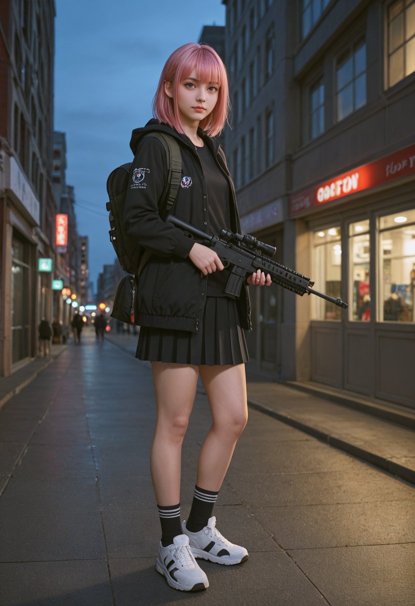 score_9, score_8_up, score_7_up, score_6_up, BREAK , source_real, raw, photo, realistic,  BREAK, 1girl, solo, looking at viewer, short hair, bangs, skirt, long sleeves, holding, hair between eyes, closed mouth, standing, jacket, weapon, pink hair, pleated skirt, outdoors, sky, day, hood, miniskirt, black skirt, pink eyes, bag, holding weapon, from side, blue sky, black jacket, gun, backpack, hood down, ground vehicle, building, holding gun, rifle, city, skyscraper1girl, solo, black hair, socks, jacket, looking at viewer, night, standing, shoes, bangs, long hair, full body, black jacket, outdoors, cyberpunk, kneehighs, building, long sleeves, closed mouth, asymmetrical legwear, tattoo, blue eyes, single sock, single kneehigh, uneven legwear, sign, sneakers, hood, thighhighs, sky, street, open clothes, city, reflection