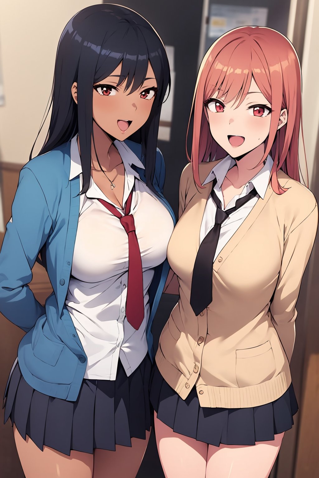 anime image of two women in business attire standing next to each other, breasts, smile, open mouth,blonde hair, red hair,  multiple girls, skirt, small breasts, shirt, black hair, 2girls, cleavage, school uniform, collarbone, white shirt, :d, pleated skirt, necktie, dark-skinned female, blue skirt, cardigan, red necktie, breast press, head out of frame