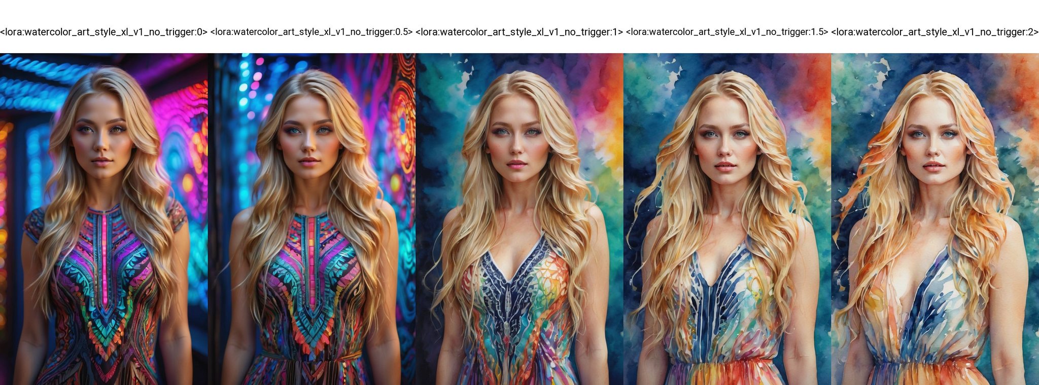 (best quality, 4K, 8K, high-resolution, masterpiece), ultra-detailed, realistic, photorealistic, portrait of a beautiful woman, long blonde hair with intricate patterns, tan skin, standing in front of colorful neon lights, psychedelic patterns, flowing hair, dress with detailed embroidery on the chest, light stripes, vibrant colors, intricate details, expressive eyes, high detail, high resolution, dynamic composition, modern style, ethereal atmosphere, soft lighting.<lora:watercolor_art_style_xl_v1_no_trigger:0>