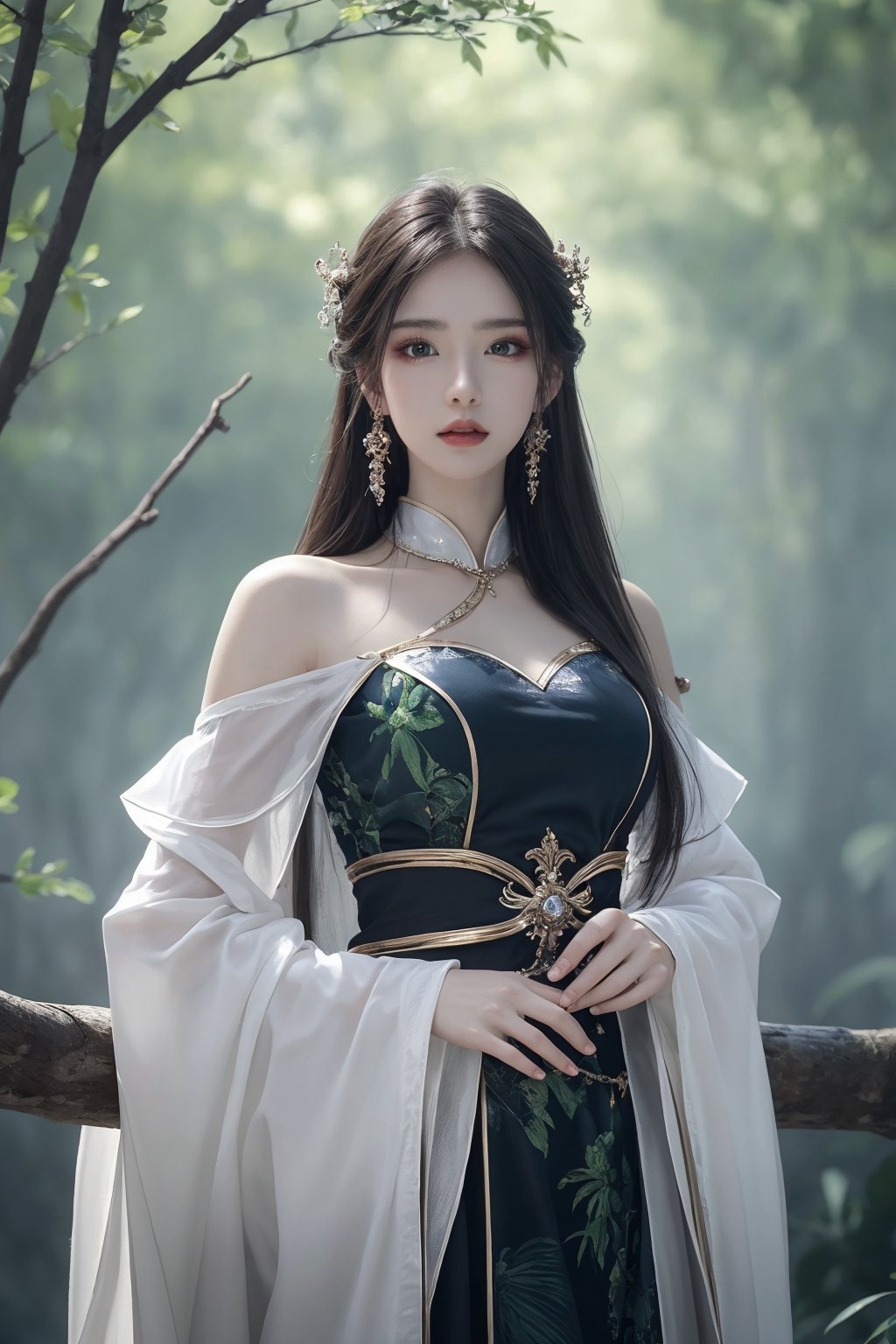 1girl, bamboo, bare shoulders, bare tree, blurry, blurry background, blurry foreground, branch, breasts, chinese clothes, depth of field, dress, earrings, forest, green eyes, jewelry, leaf, long hair, long sleeves, looking at viewer, makeup, nature, palm tree, parted lips, plant, solo, standing, tree, wide sleeves <lora:天穹1.0:0.8>