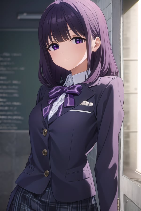 rionashijou, <lora:riona shijou s1-lora-nochekaiser:1>,riona shijou, bangs, purple hair, (purple eyes:1.1), medium hair,BREAK skirt, long sleeves, school uniform, jacket, socks, black skirt, two side up, black jacket, kneehighs, blazer, black socks, bow, bowtie, stripped, stripped bowtie,BREAK indoors, classroom,BREAK looking at viewer, (cowboy shot:1.5),BREAK <lyco:GoodHands-beta2:1>, (masterpiece:1.2), best quality, high resolution, unity 8k wallpaper, (illustration:0.8), (beautiful detailed eyes:1.6), extremely detailed face, perfect lighting, extremely detailed CG, (perfect hands, perfect anatomy),