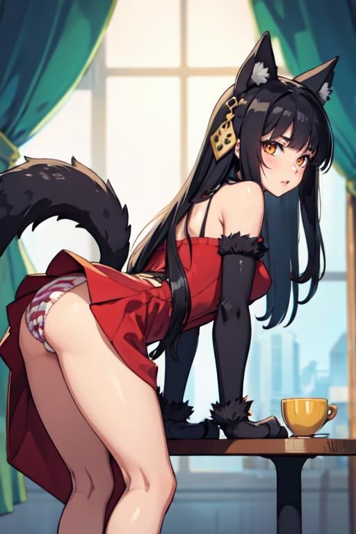 anub1s, bare shoulders, medium breasts, wolf tail, animal hands, ass, snake hair ornament, leaning forward, panties, dress,  fur, solo, tail raised, bent over