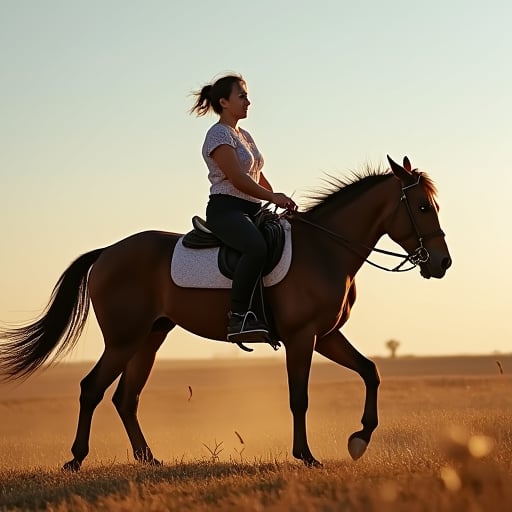 a woman riding a horse, photorealistic