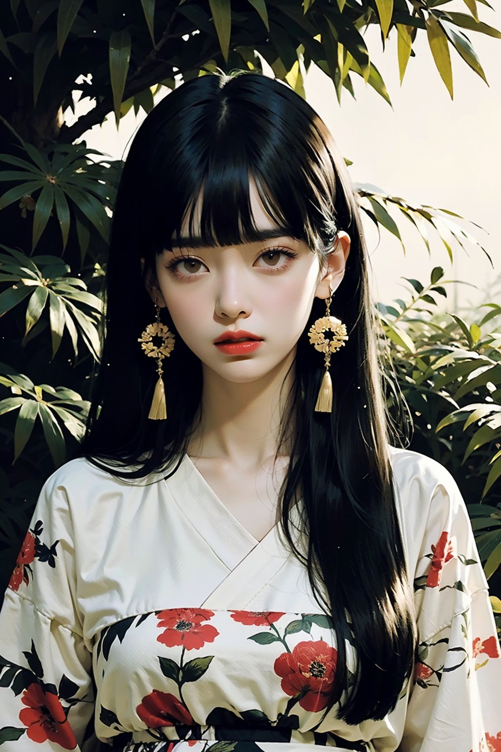 1girl,solo,black hair,bangs,jewelry,long hair,earrings,blunt bangs,looking at viewer,japanese clothes,upper body,closed mouth,branch,brown eyes,red lips,plant,hime cut,makeup,nail polish,<lora:linhe fuheigongzhuqie_20231018110238:0.7>,