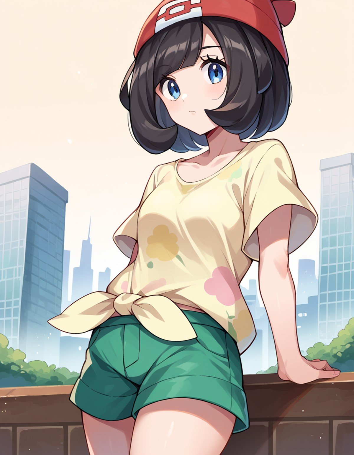 score_9, score_8_up, score_7_up, source_anime,pokemonselene, <lora:pokemon-selene-ponyxl-lora-nochekaiser:1>pokemonselene, black hair, blue eyes, short hair, bangs, blunt bangs,beanie, collarbone, green shorts, hat, red headwear, shirt, short sleeves, shorts, tied shirt, yellow shirt,outdoors, cityscape,looking at viewer, cowboy shot, dutch angle,