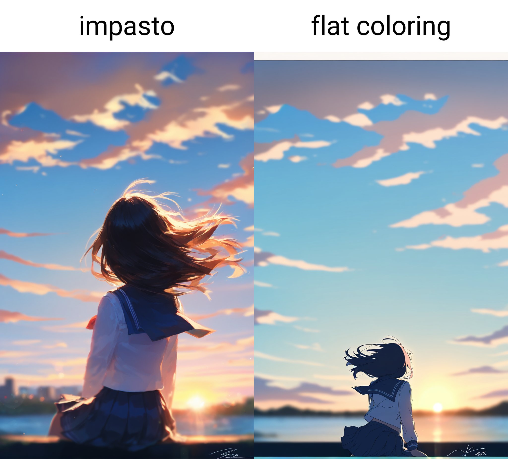 masterpiece,impasto,1girl,solo,letterboxed,blurry,sky,depth of field,outdoors,cloud,signature,bokeh,from behind,sunset,lens flare,school uniform,wind,serafuku,scenery,blurry background,skirt,sitting,backlighting,floating hair,sailor collar,facing away,sunrise,