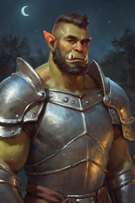 score_9, score_8_up, score_7_up, solo, male focus, mature male, orc, green skin, tusks, beard, outdoors, armor, looking at viewer, shoulder armor, breastplate, upper body, closed mouth, pauldrons, night, night sky, standing <lora:Oil Gothic Painting Style SDXL_LoRA_Pony Diffusion V6:1>