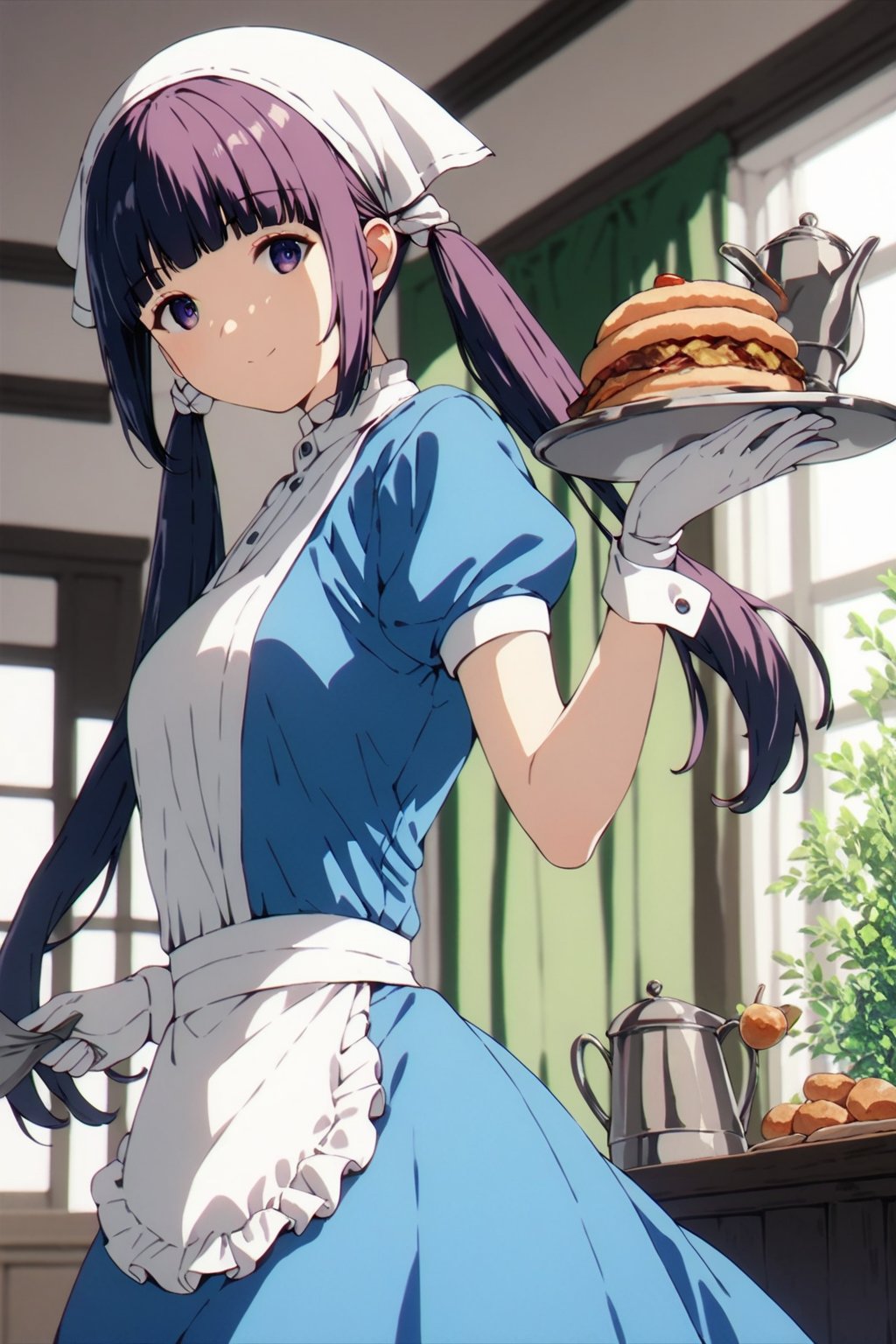 score_9, score_8_up, score_7_up, score_6_up, score_5_up, score_4_up, source_anime,fern-frieren, teen, long hair, purple hair, purple eyes, straight hair,sidelocks, twintails, smile, apron, blue shirt, blue skirt, frilled apron, frills, gloves, head scarf, shirt, short sleeves, skirt, uniform, waist apron, waitress, white apron, white gloves, food, tray, food tray, indoors, restaurant, looking at viewer, dutch angle, cowboy shot,masterpiece, perfect face, best quality, beautiful girl, blurry background, cute girl, beautiful eyes, shiny eyes, detailed eyes, absurdres, award winning,<lora:cqlic8de878c73a8f3k0:1>