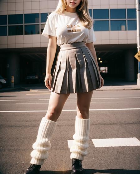 <lora:leg-warmers-v1:1> legwarmers, pleated skirt, t-shirt,full body shot<lora:AikaBody-v5:0.5>  a1ka, a woman solo, large breasts, blonde hair bangs, breasts, brown eyes, long hair,film grain, nikon fa, canon ae-1, film_camera, 1990s \(style\) candid 