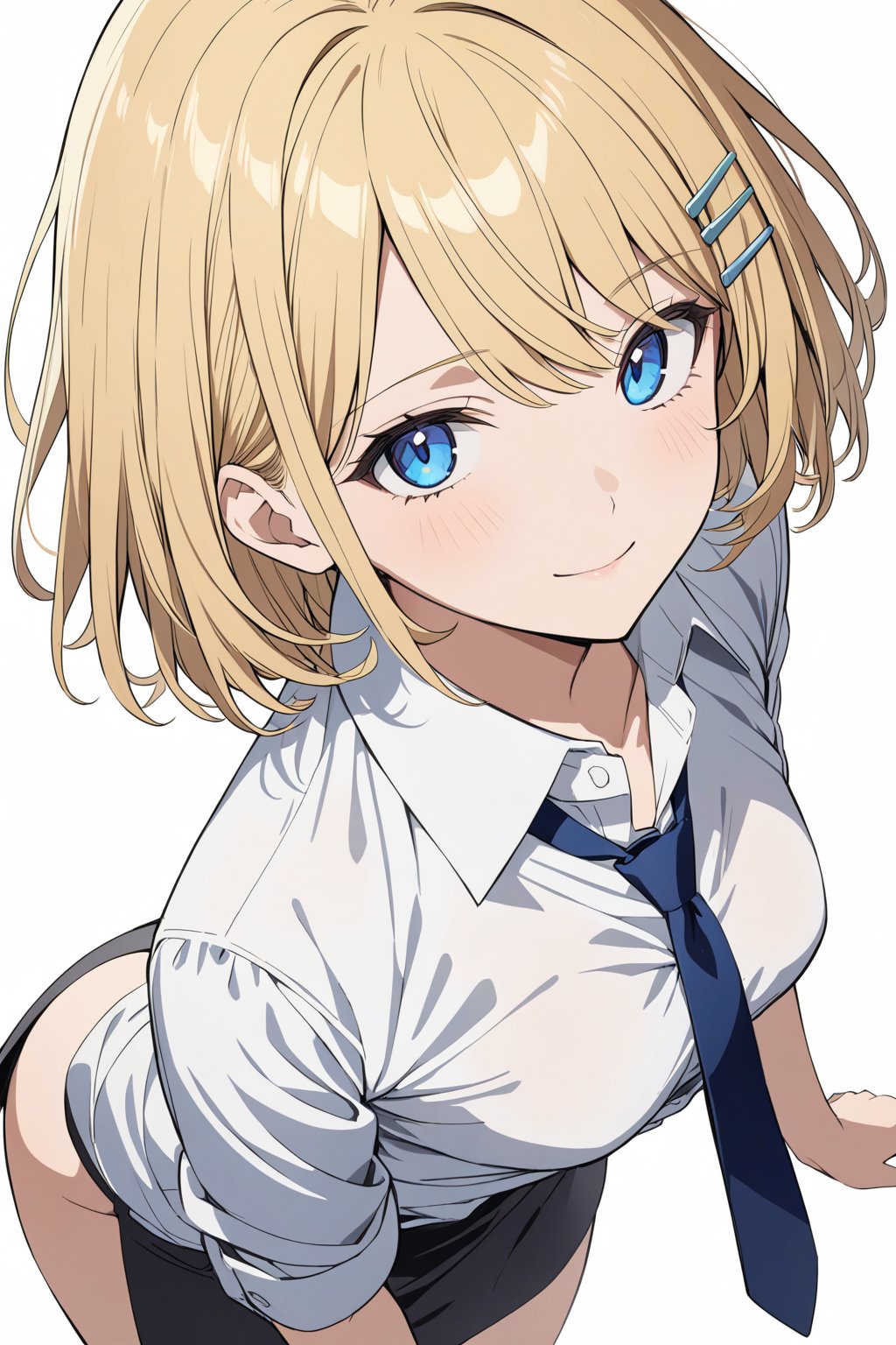 1girl, short hair, blonde hair, blue eyes, small breasts, white shirt, collared shirt, necktie, hairpin, seductive smile,white background, simple background, anime coloring,masterpiece, best quality,from above