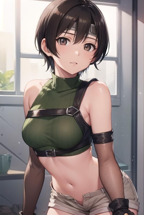 yuffiekisaragi, <lora:yuffie kisaragi v2-lora-nochekaiser:1>, yuffie kisaragi, (black hair:1.5), (brown eyes:1.7), short hair, pixie cut,BREAK crop top, fingerless gloves, fishnet thighhighs, fishnets, forehead protector, gloves, headband, navel, short shorts, shorts, single sleeve, single thighhigh, sleeveless, sleeveless turtleneck, thighhighs, turtleneck,BREAK cowboy shot, looking at viewer, BREAK indoors,BREAK <lyco:GoodHands-beta2:1>, (masterpiece:1.2), best quality, high resolution, unity 8k wallpaper, (illustration:0.8), (beautiful detailed eyes:1.6), extremely detailed face, perfect lighting, extremely detailed CG, (perfect hands, perfect anatomy),