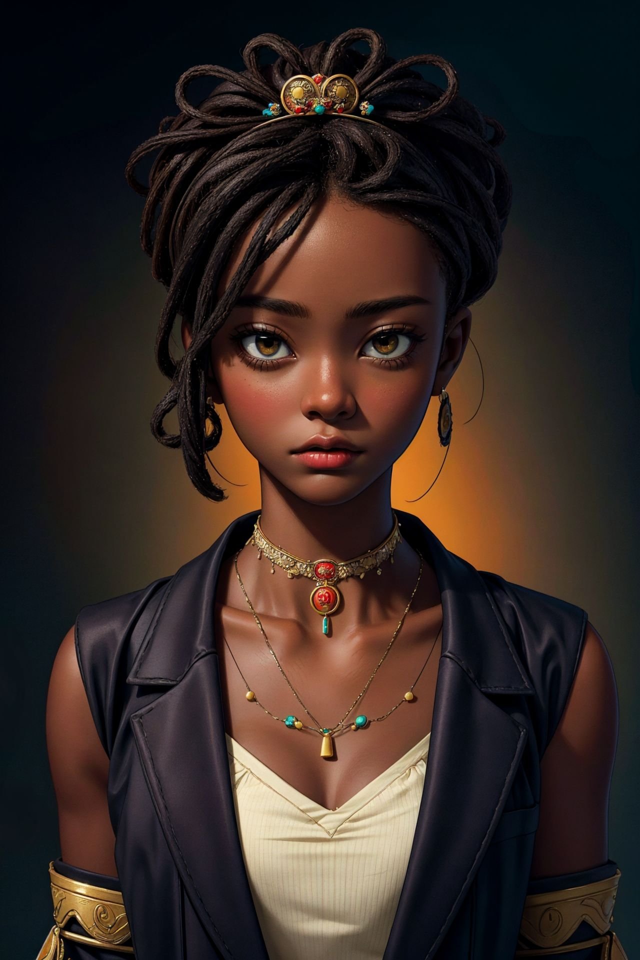 masterpiece, best quality, ultra high res, 1 dark skinned African girl, (fractal art:1.3), deep shadow, dark theme, fully clothed, necklace, forlorn, <lora:add_detail:0.4>