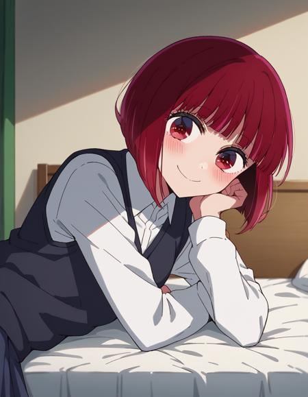 score_9, score_8_up, score_7_up, source_anime,kanaarima, <lora:kana-arima-s1-ponyxl-lora-nochekaiser:1>,kana arima, short hair, bangs, red eyes, red hair, bob cut, smile,long sleeves, school uniform, white shirt, collared shirt, vest, black vest,indoors, bed, bed room, on side, blush, drunk,looking at viewer, cowboy shot, dutch angle, solo,