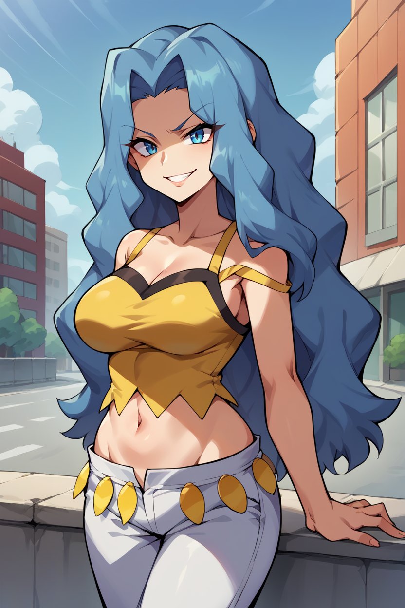 score_9, score_8_up, score_7_up, score_6_up, source_anime, BREAK 1girl, solo <lora:pkmnkaren-pdxl-nvwls-v1-000005:1> pkmnKaren, very long hair, blue hair, yellow tank top, navel, white pants, big breasts, looking at you, smirk, city, blue sky, arms at sides