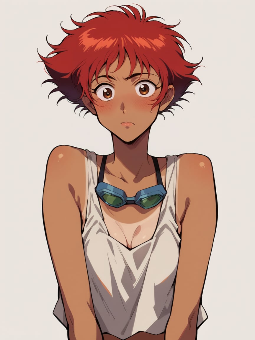 score_9, score_8_up, score_7_up, score_6_up, <lora:b3b0pXLP:1> b3b0p, cowboy bebop, solo, ed, red hair, goggles, tank top, tan skin, brown eyes, blush