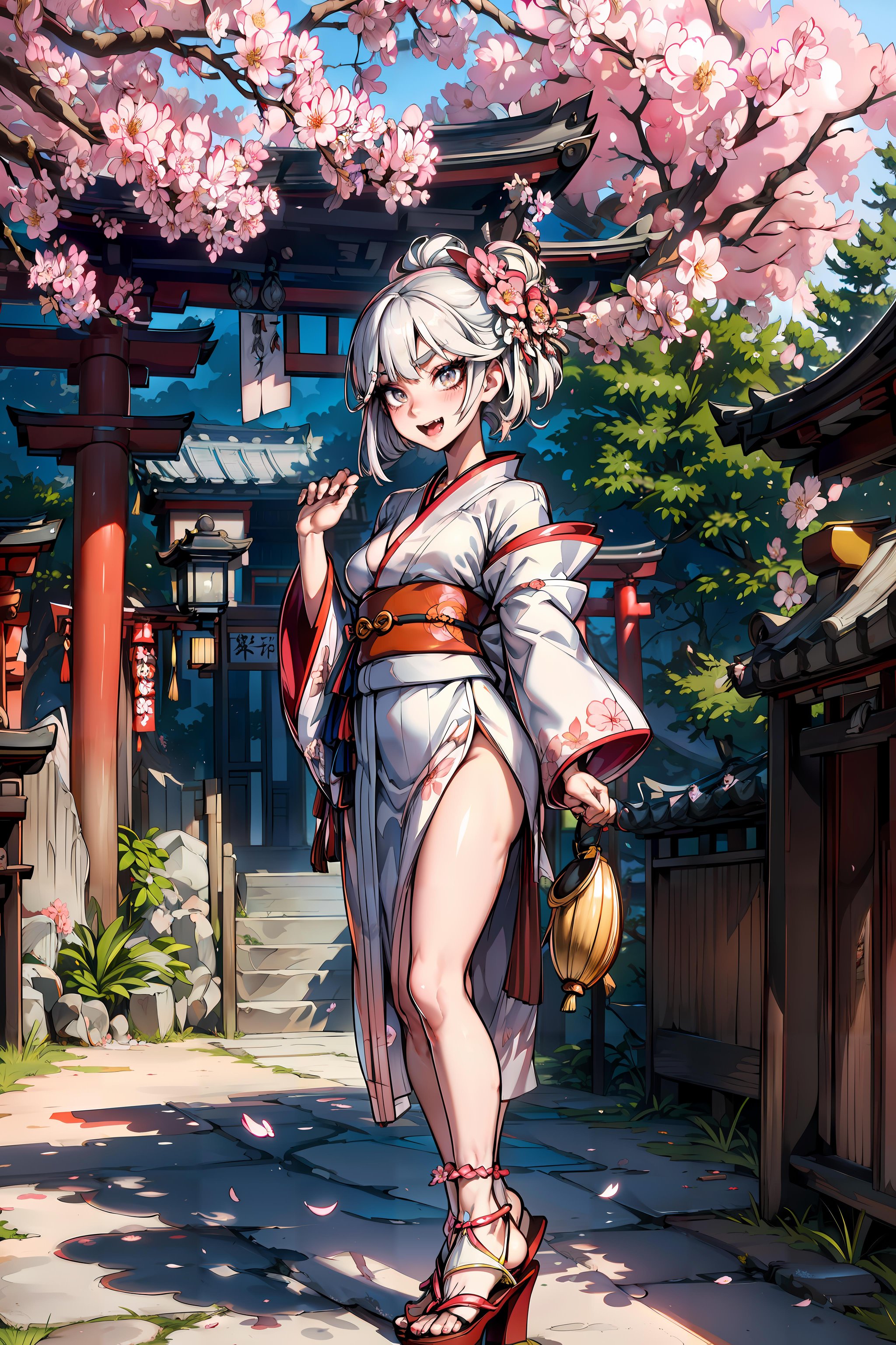 Original Character, Volumetric Lighting, Best Shadows, Shallow Depth of Field, Portrait Of Stunningly Beautiful Girl, Petite, Delicate Beautiful Attractive Face With Alluring Black Eyes, Sharp Eyebrows, Broadly Smiling, Open Mouth, Cute Fangs, Lovely Small Breasts, Layered Medium White Hair, Blush Eyeshadow, Thick Eyelashes, Traditional Floral Long Kimono, Kimono Obi, Okobo Shoes, Holding Oil-Paper Hand Fan, Cherry Blossom Tree, Flower Branch, With Falling Petals, East Asia Architecture, Standing Looking Up In Little Shrine, Torii Gates, Saisen Bako, Stone Lantern, (Highest Quality, Amazing Details:1.25), (Solo:1.3), Brilliant Colorful Paintings