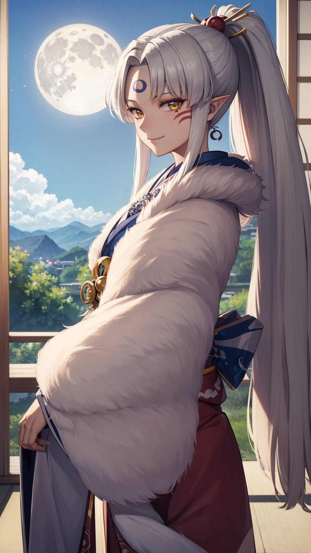 (masterpiece, best quality),ray tracing,absurdres, HDR,Sesshomaru imoto, pointy ears, solo, yellow eyes, long hair, japanese clothes, facial mark, jewelry, 1girl, white hair,  forehead mark, kimono, necklace,  looking at viewer, cowboy shot, magatama, smile, closed mouth, sidelocks, fur trim, , bangs, fur, moon on the forehead,high ponytail<lora:Sesshomaru imoto:0.7>