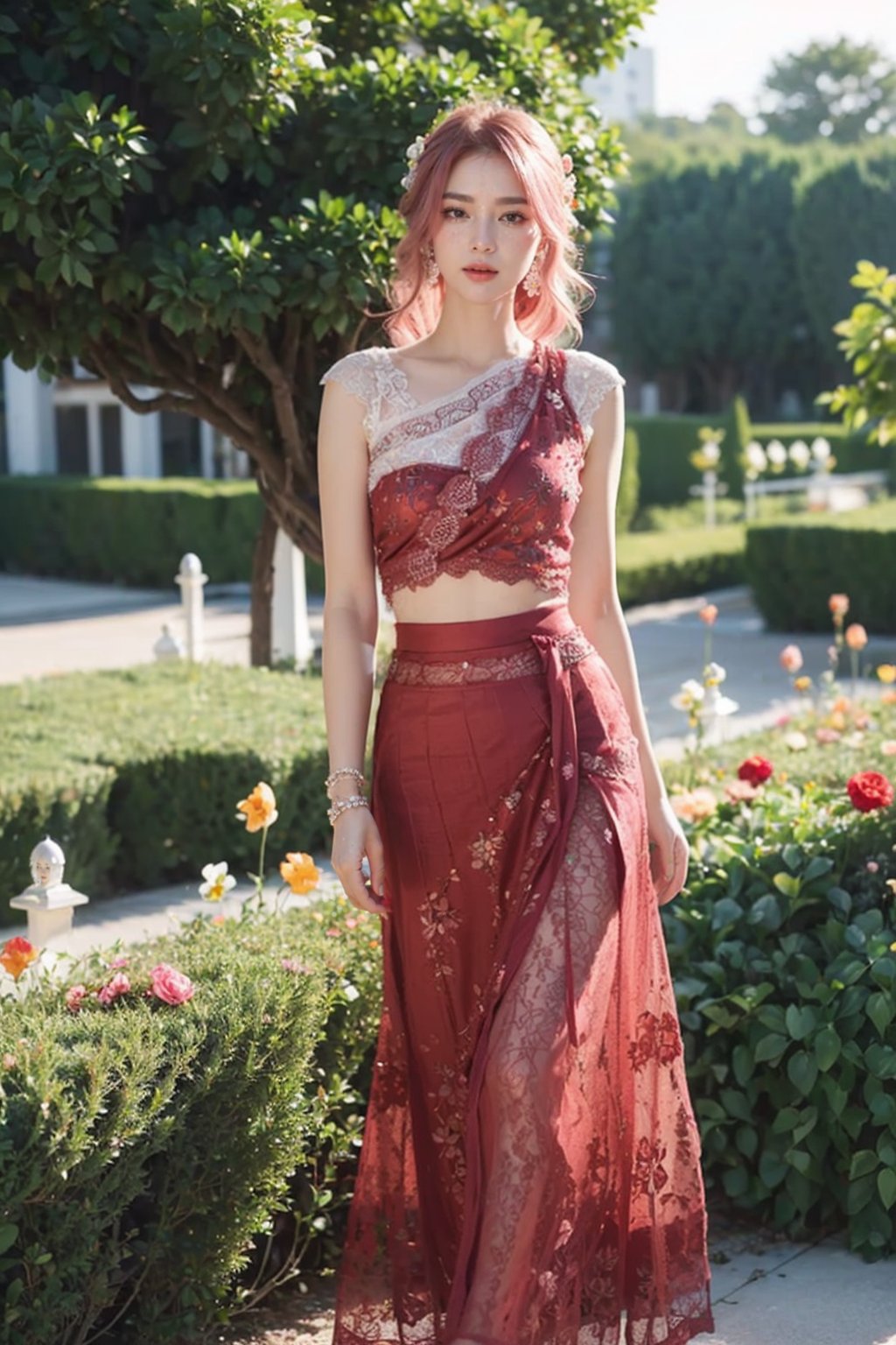 (Floral_wrap_top:1.4),(Midi_skirt:1.4),(Beaded_bracelets:1.3),(Garden_party_background:1.5)1girl,solo,pink hair,outdoors,streets,street,city,(Beach_background:1.3),(masterpiece, best quality, realistic,),(photorealistic:1.4),moyou,chinese woman,lip,brown eyes,(brighteninglight:1.2),(Increasequality:1.4),finelydetailedeyes,She has exquisite facial features and delicate skin,Rich and realistic skin texture,fine hands,the magnificent red evening dress was adorned with sparkling jewelry,(Romantic_lace_top:1.5),(Flowy_maxi_skirt:1.4),(Delicate_bracelet:1.3),(Garden_wedding_background:1.3),