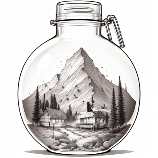 <lora:MinTattoo15-000031:1>, drawing of a minimalist landscape tattoo, scenery inside of a bottle