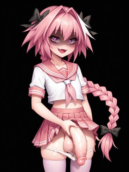 score_9, score_8_up, score_7_up, score_6_up, score_5_up, score_4_up, rating_safeBREAKastolfo \(fate\), otoko no ko, pink hair, braid, half-closed eyes, seductive smile, naughty face, (shaded face:1.1), heart-shaped pupils,BREAKsolo, standing, flat chest, pink serafuku, white shirt, pink thighhighs, pink skirt, penis grab, skirt lift, white panties, panties down, fat penis, wide penis, thick penis, huge penis, huge testicles, veiny penis, huge veins, precum, (flaccid:1.2),BREAK(black background:1.3), dark, <lora:Lunas-Naidong-SDXL-B2:1>