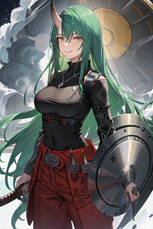 best quality, masterpiece, highres, solo, {hoshiguma_arknights:1.15}, green_hair, horns, single_horn, long_hair, oni_horns, bangs, yellow_eyes, hair_between_eyes, breasts, upper_body, large_breasts, 1girl, long_sleeves, official_alternate_costume, shirt, alternate_costume, black_shirt, sword, weapon, oni_mask, holding, mask, belt, katana, looking_at_viewer, shield, pants, jewelry, necklace, holding_weapon, holding_sword, very_long_hair, smile, cowboy_shot, holding_shield