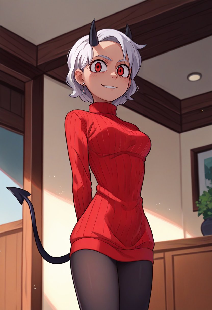 score_9, score_8_up, score_7_up, source_anime, solo, 1girl, htgeneric, smirk, looking at viewer, standing, arms behind back, black horns, demon horns, red sweater, ribbed sweater, sweater dress, turtleneck sweater, black pantyhose, earrings, demon tail, indoors, living room <lora:helltaker_generic_ponyXL:1>