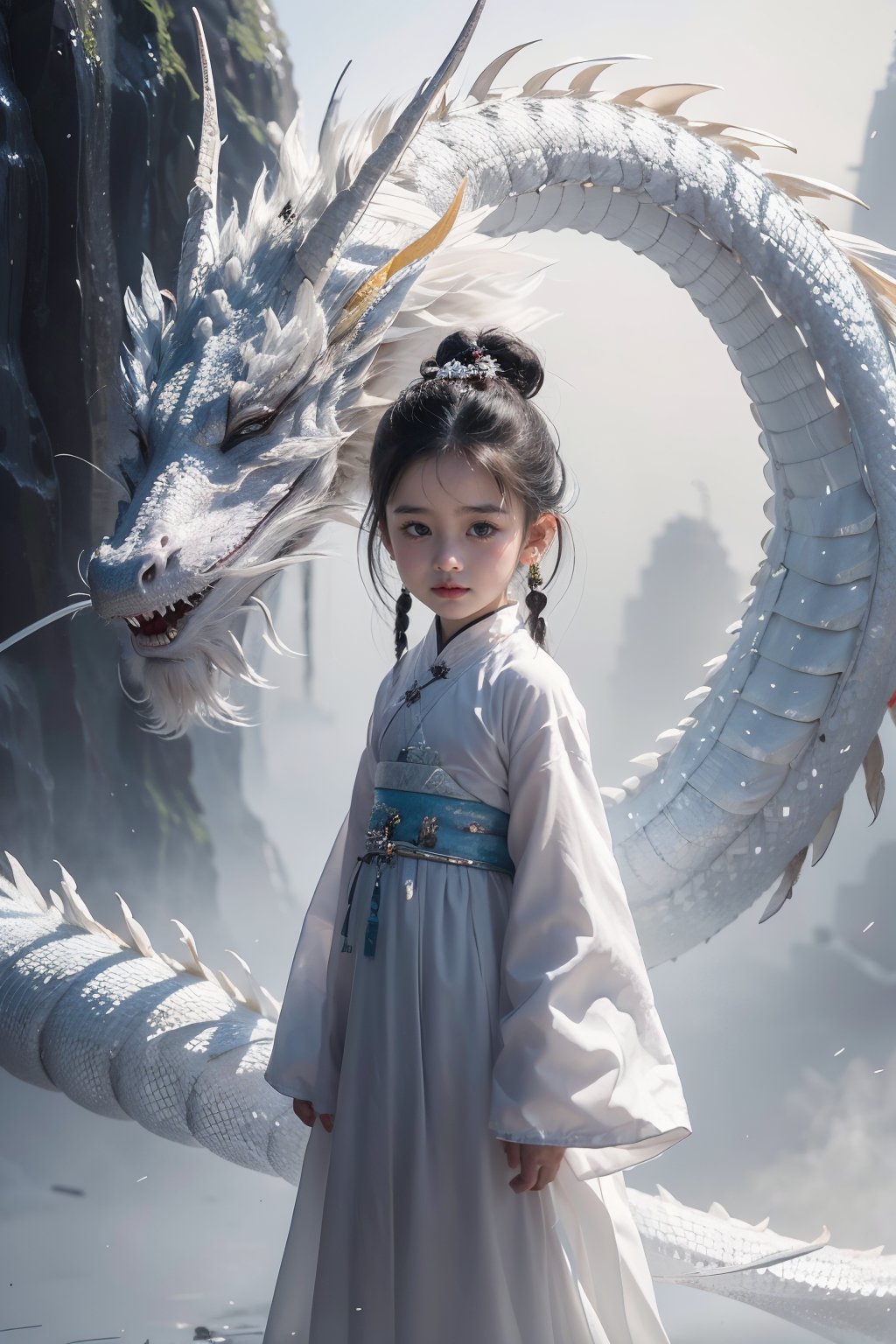 5-year-old girl,chinese clothes,the chinese dragon has been turning around behind,hair ornament,hanfu,long sleeves,black hair,looking at viewer,flower,standing,arms at sides,hair bun,solo,dress,outdoors,single hair bun,black eyes,jewelry,wide sleeves,earrings,sash,red lips,scales,hair stick,<lora:BAILONG_20240512211429-000008:0.8>,