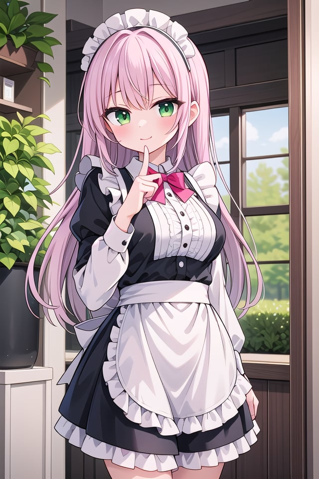 insanely detailed, absurdres, ultra-highres, ultra-detailed, best quality,1girl, solo, nice hands, perfect hands,BREAKapron, blush, bow, bowtie, frilled apron, frills, long sleeves, maid, maid apron, maid headdress, waist apron, white apronBREAKsmile, closed mouthBREAKfinger to mouth, index finger raised, shushing, cowboy shot, looking at viewer,BREAKslender, kawaii, perfect symmetrical face, ultra cute girl, ultra cute face, ultra detailed eyes, ultra detailed hair, ultra cute, ultra beautiful,BREAKday, flower, ivy, leaf, indoors, open door, plant, potted plant, vines, window,BREAKwhite (pink:1.2) hair, green eyes, long hair, medium breasts, bangs, eyebrows visible through hair,