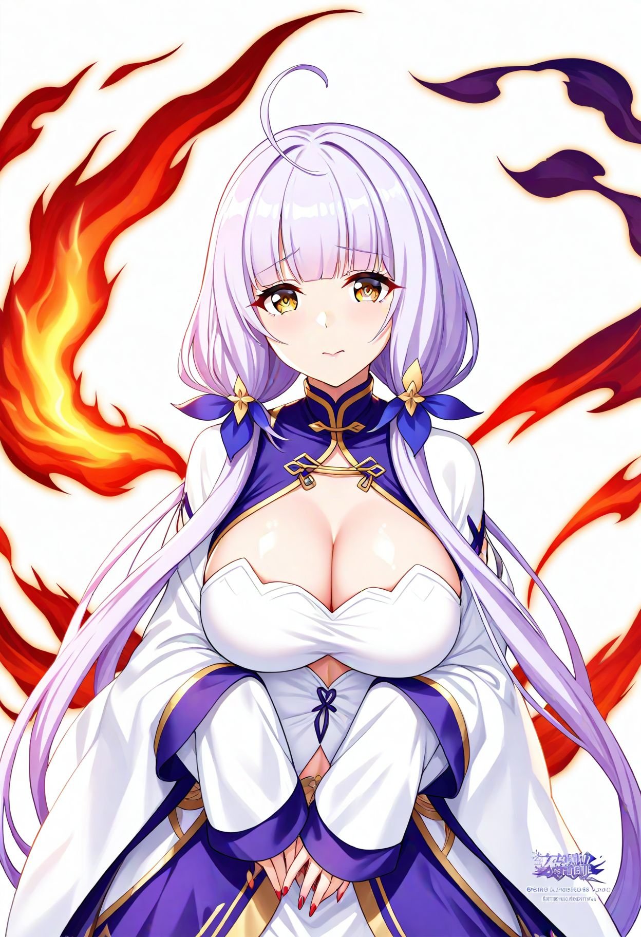 1girl, illustrious \(maiden lily's radiance\) \(azur lane\), azur lane,  chinese clothes, hands in opposite sleeves, official alternate hairstyle, official alternate costume, dated, phoenix, upper body, large breasts, dress, long sleeves, twintails, solo, red nails, fire, purple hair, cleavage, gold trim, white dress, vampire costume, brown eyes, low twintails, white background, looking at viewer, simple background, qixiong ruqun, breasts, closed mouth, sidelocks, candle, long hair, ahoge, masterpiece, best quality, absurdres, safe