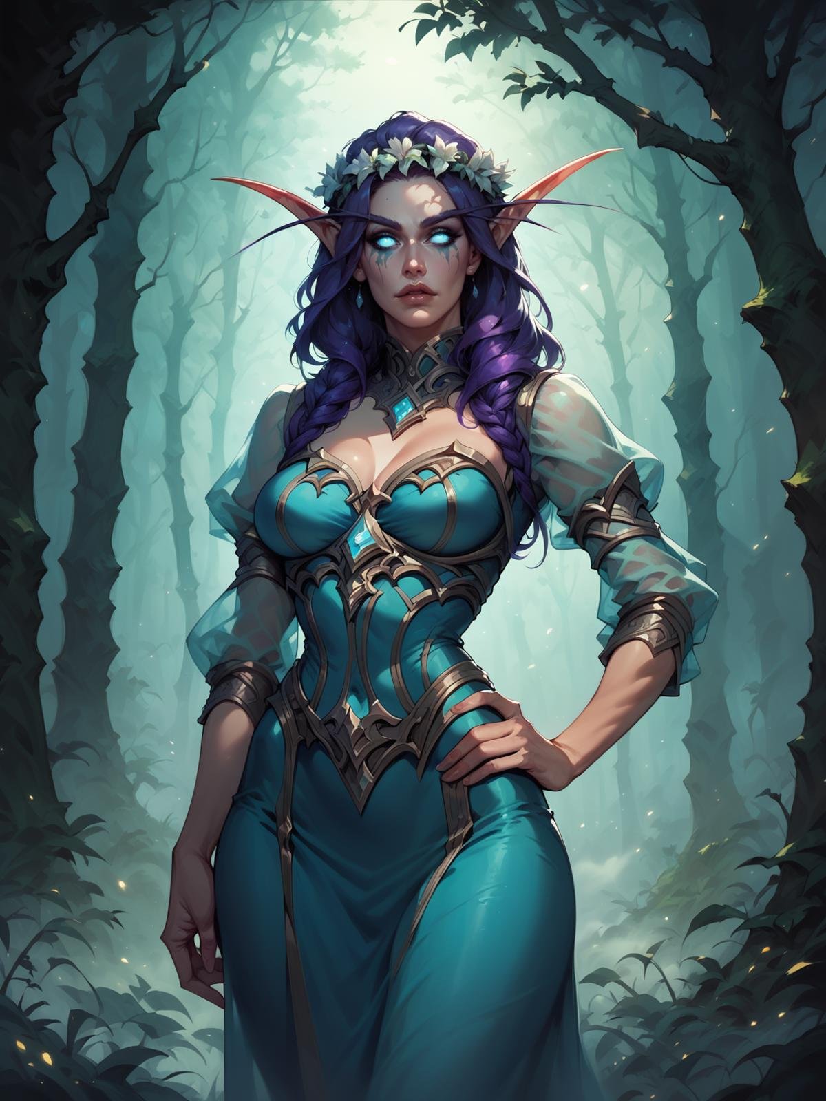 score_8_up, score_7_up, cowboy shot of beautiful elf queen, hand on hip, contrapposto, purple hair, ornate cyan dress with puffy sleeves, see-through sleeves, head wreath, particles, dark forest, night, fog fantasy, warcraft