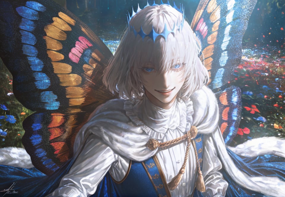 (best quality), ((masterpiece)), (highres), illustration, original, extremely detailed,   <lora:邪恶美学:0.7>1boy, oberon \(fate\), butterfly wings, male focus, solo, wings, blue eyes, crown, insect wings, cape, smile, looking at viewer, long sleeves, bangs, white hair, upper body, bug, signature, medium hair, fur trim, cloak, butterfly