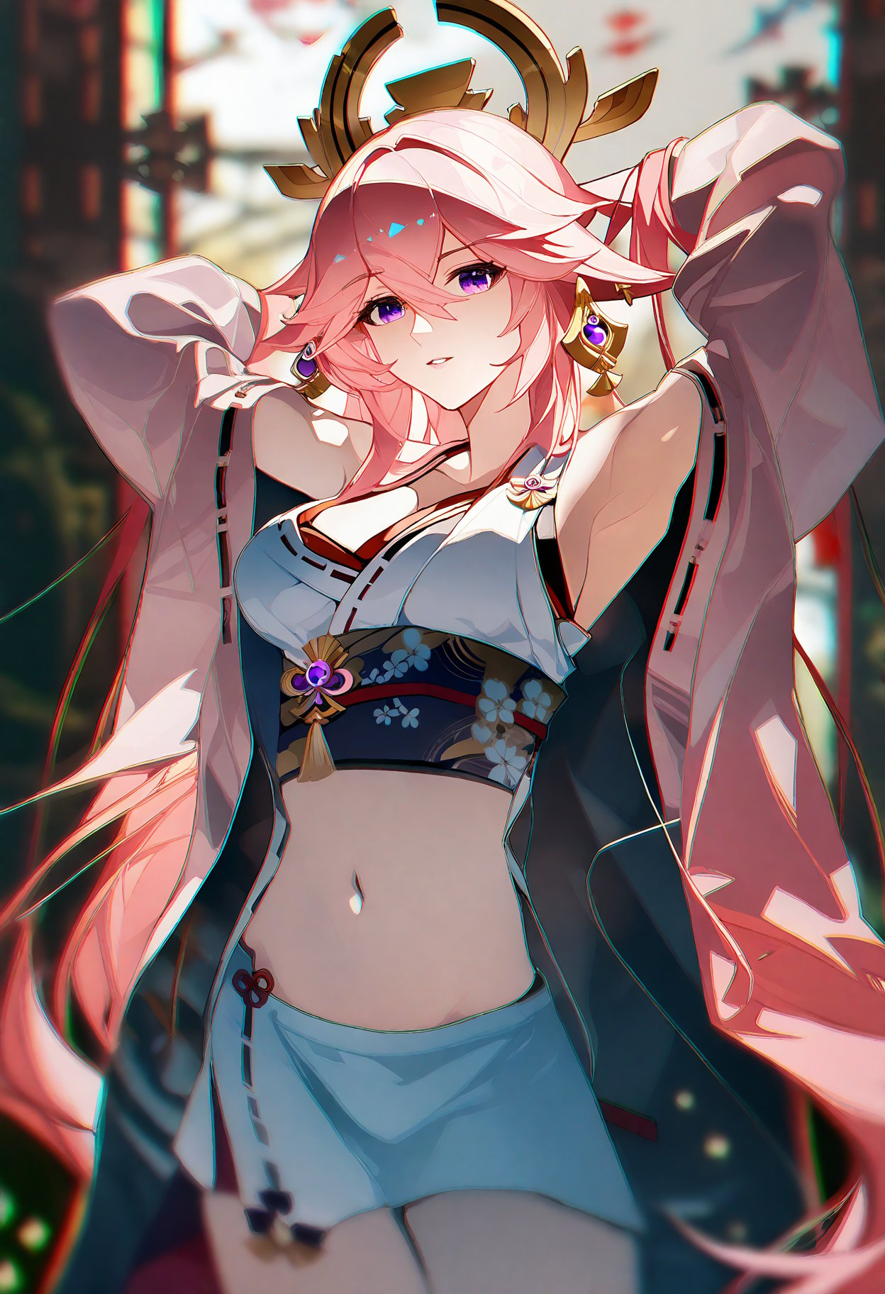 (chromatic aberration:1.3),chromatic aberration, blurry, blurry background, china,( yae miko, genshin impact:0.9), 1girl, pink hair, kimono, off shoulder, oversized clothes, open clothes, navel, breasts, cleavage, arms behind head, armpits,  <lora:Lora_ciloranko-artist-v1-05:1> ach_ciloranko-artist